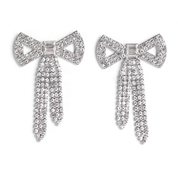 Silver Rhinestone Bow Earrings - Picture 3 of 3
